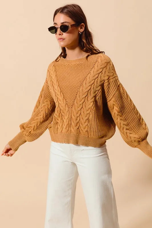 Mineral Washed Loose Fit Textured Cable Sweater.