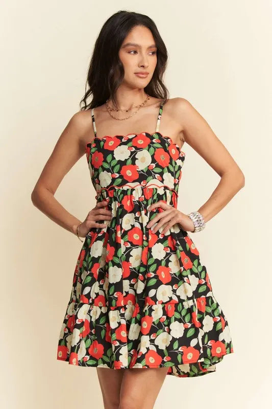 Floral Scalloped Cutout Back Mini Dress.