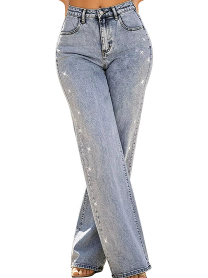 High-Waisted Acid Wash Sparkle Wide-Leg Jeans