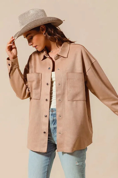 Suede Snap Shacket with Collar and Pockets.
