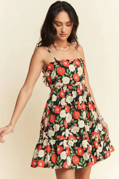 Floral Scalloped Cutout Back Mini Dress.
