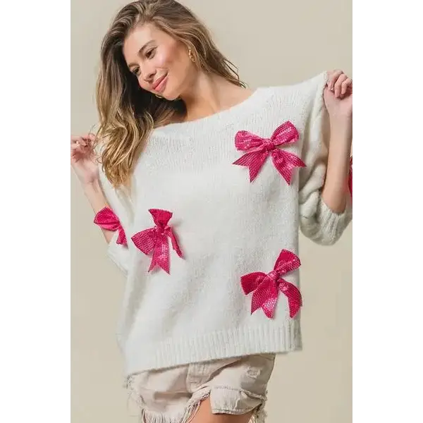 BiBi Sequin Bow Puff Sleeve Sweater.