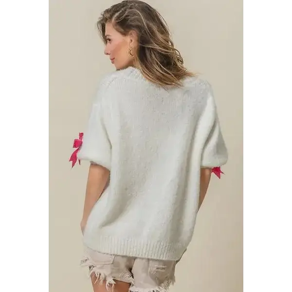 BiBi Sequin Bow Puff Sleeve Sweater.