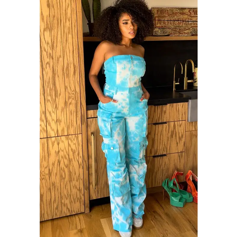 Blue Tie Dye Strapless Utility Jumpsuit..