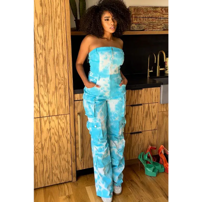 Blue Tie Dye Strapless Utility Jumpsuit..