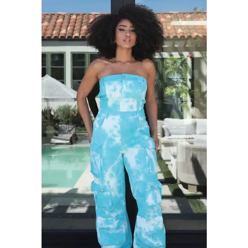Blue Tie Dye Strapless Utility Jumpsuit..
