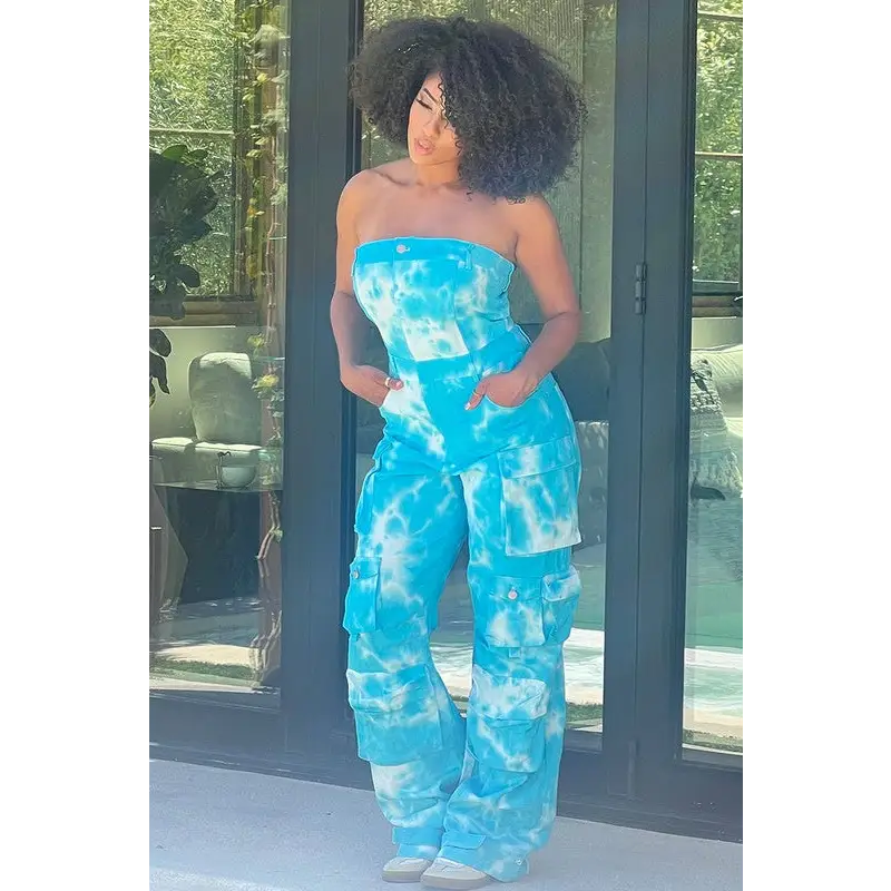 Blue Tie Dye Strapless Utility Jumpsuit..