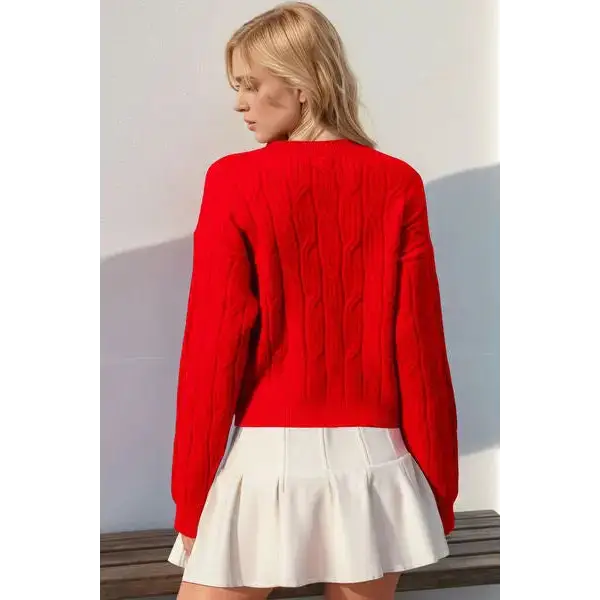 Bow Cable-Knit Round Neck Sweater.