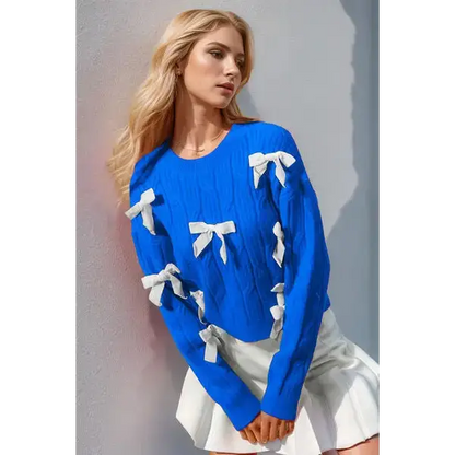 Bow Cable-Knit Round Neck Sweater.