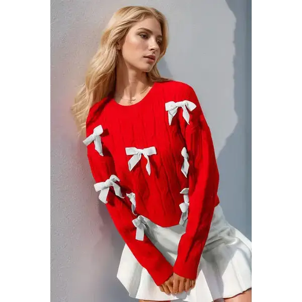 Bow Cable-Knit Round Neck Sweater.