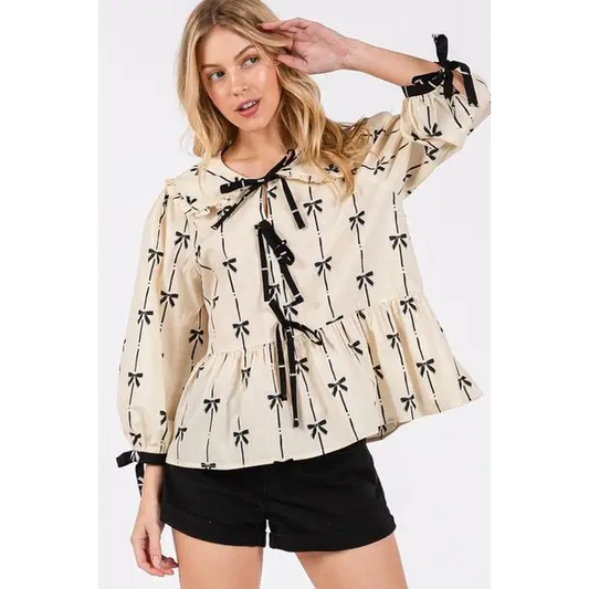 Bow Print Tie Front Babydoll Blouse.