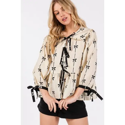 Bow Print Tie Front Babydoll Blouse.