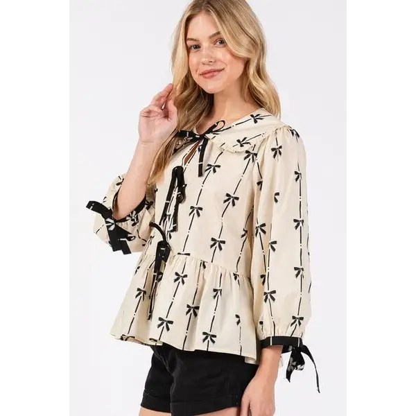 Bow Print Tie Front Babydoll Blouse.
