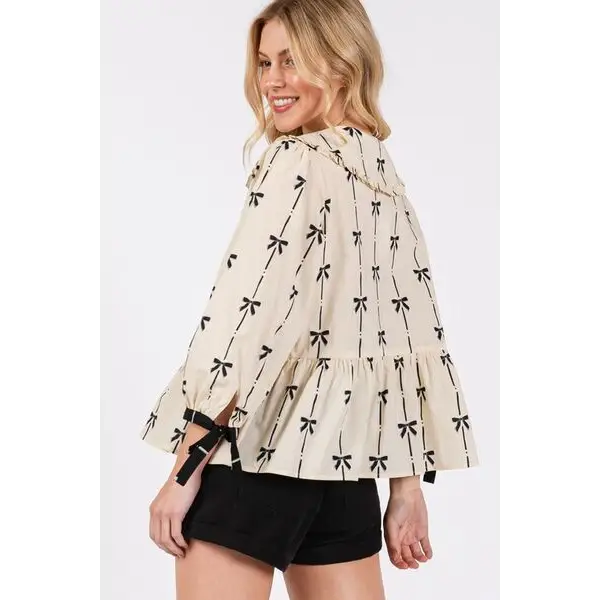 Bow Print Tie Front Babydoll Blouse.