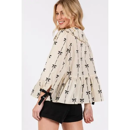 Bow Print Tie Front Babydoll Blouse.
