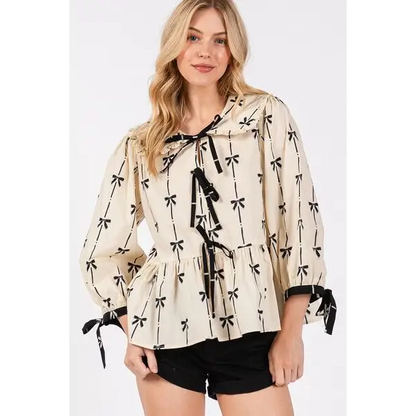 Bow Print Tie Front Babydoll Blouse.