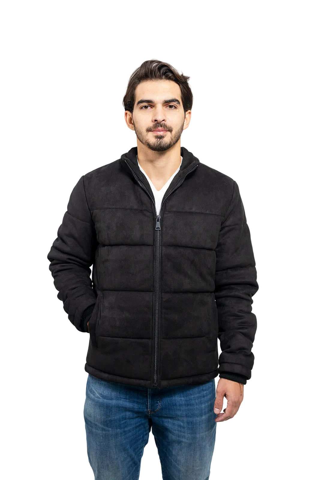 Man wearing a black puffer jacket on a white background