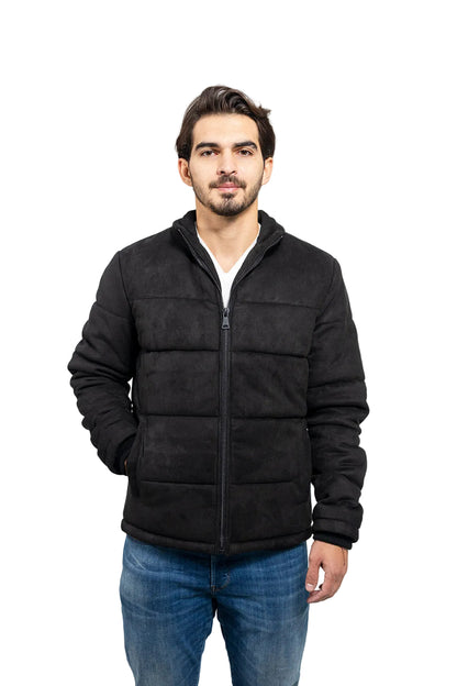 Man wearing a black puffer jacket on a white background