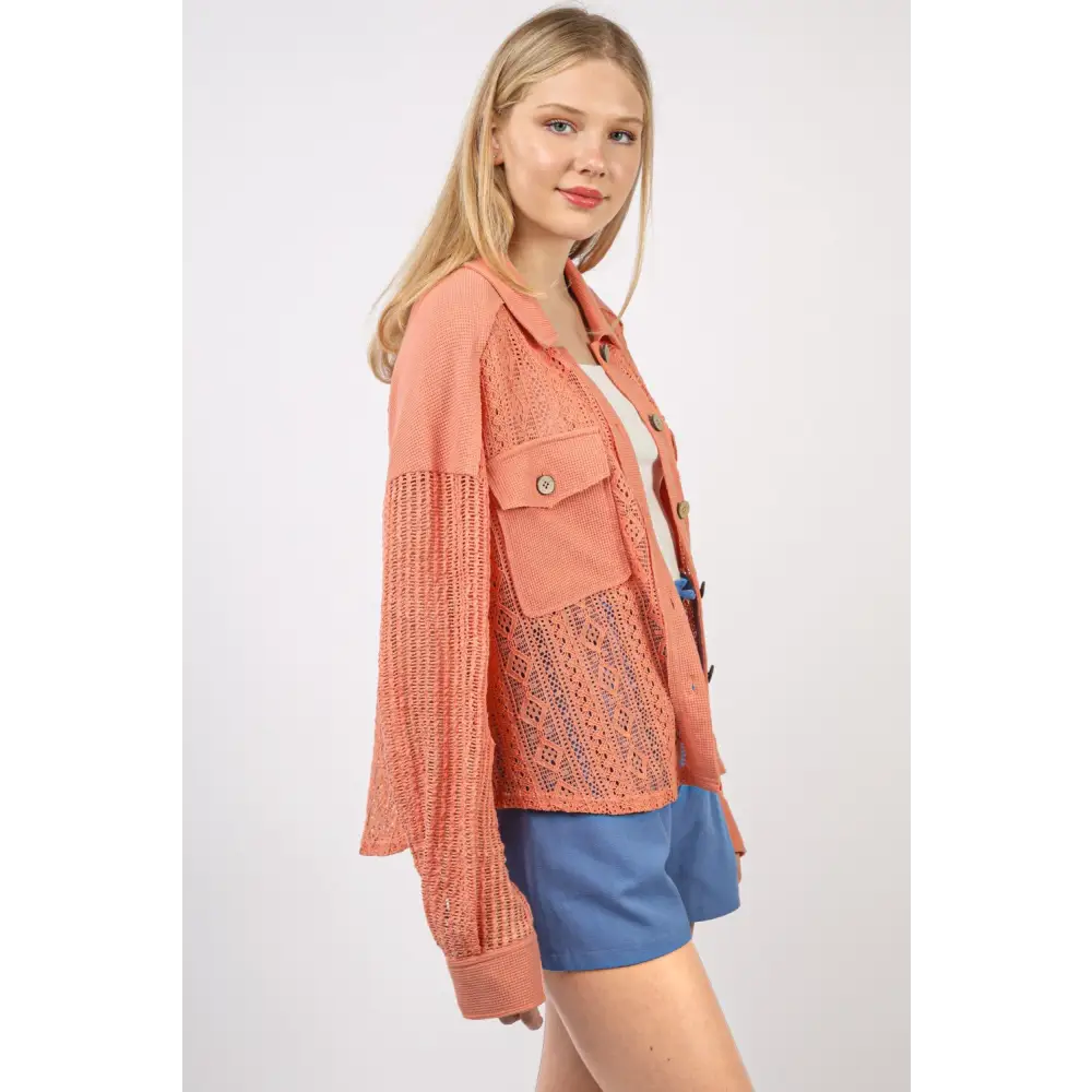 Button Up Long Sleeve Lace Shirt.
