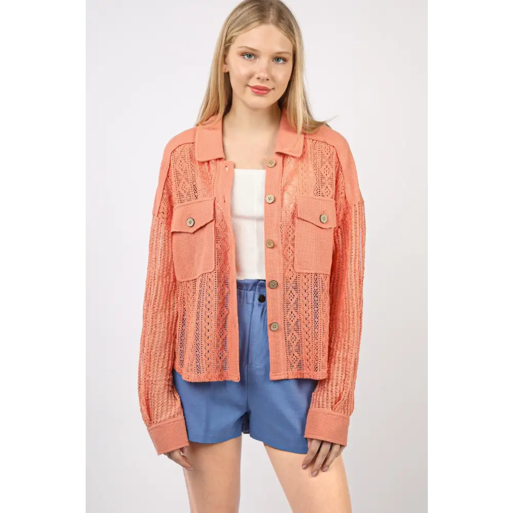 Button Up Long Sleeve Lace Shirt.