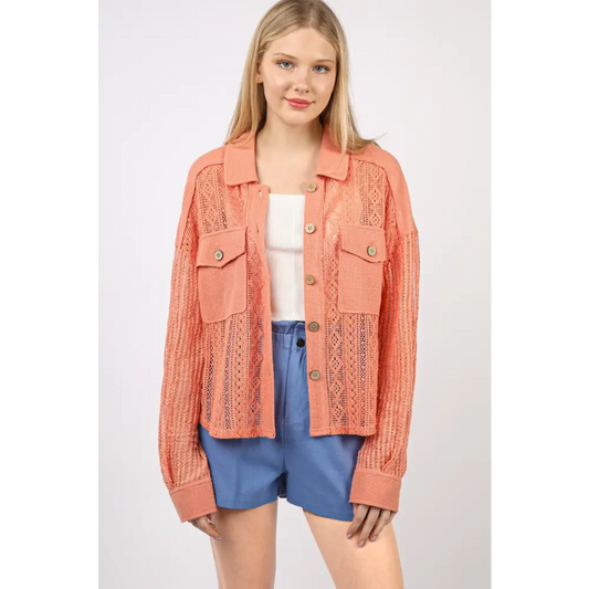 Button Up Long Sleeve Lace Shirt.