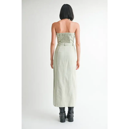 Button Up Tube Denim Dress With Slit.