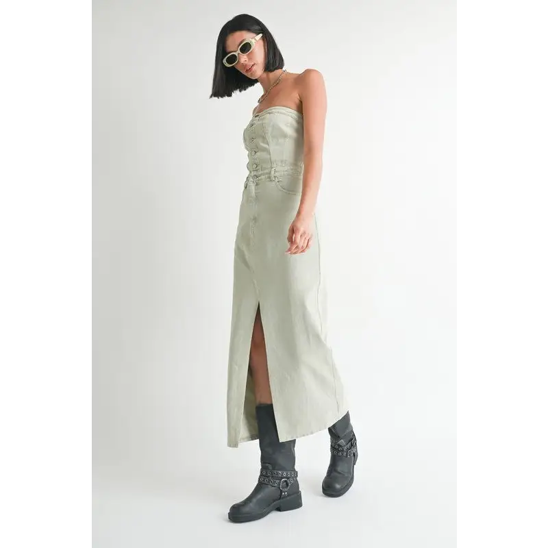 Button Up Tube Denim Dress With Slit.