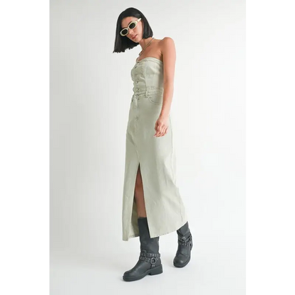 Button Up Tube Denim Dress With Slit.
