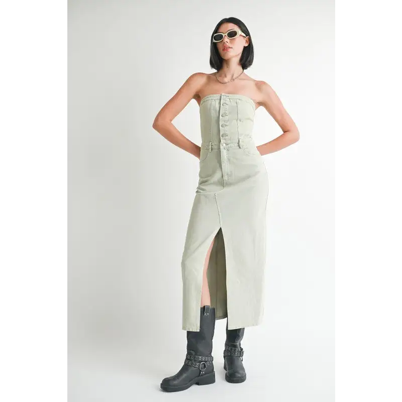 Button Up Tube Denim Dress With Slit.