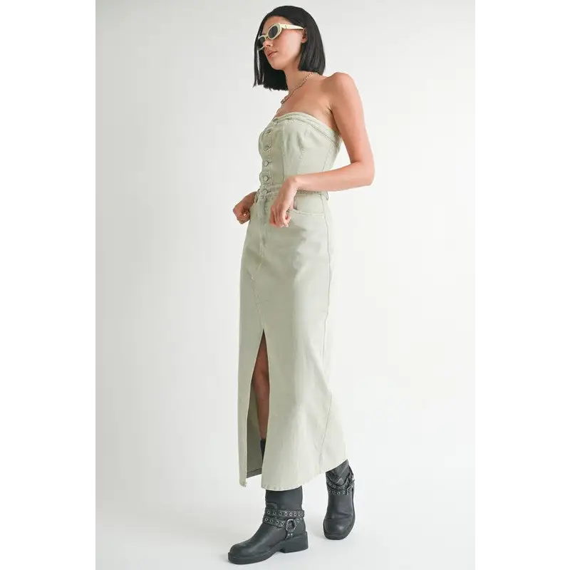 Button Up Tube Denim Dress With Slit.