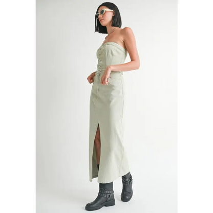 Button Up Tube Denim Dress With Slit.