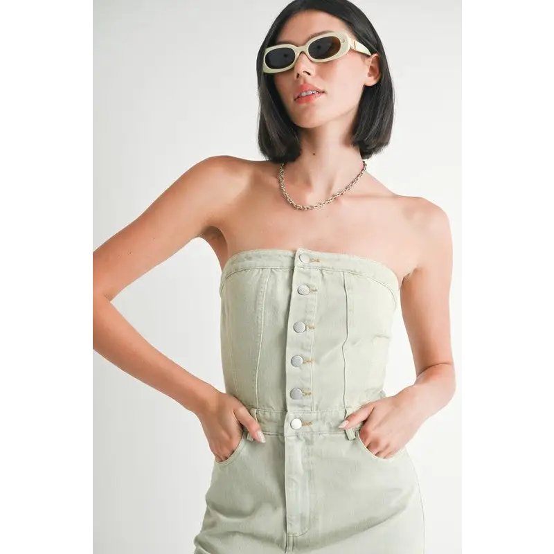 Button Up Tube Denim Dress With Slit.