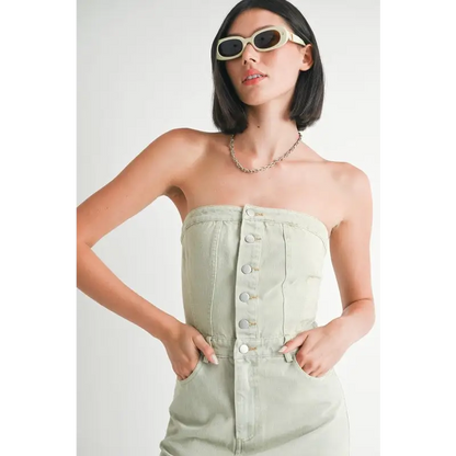 Button Up Tube Denim Dress With Slit.