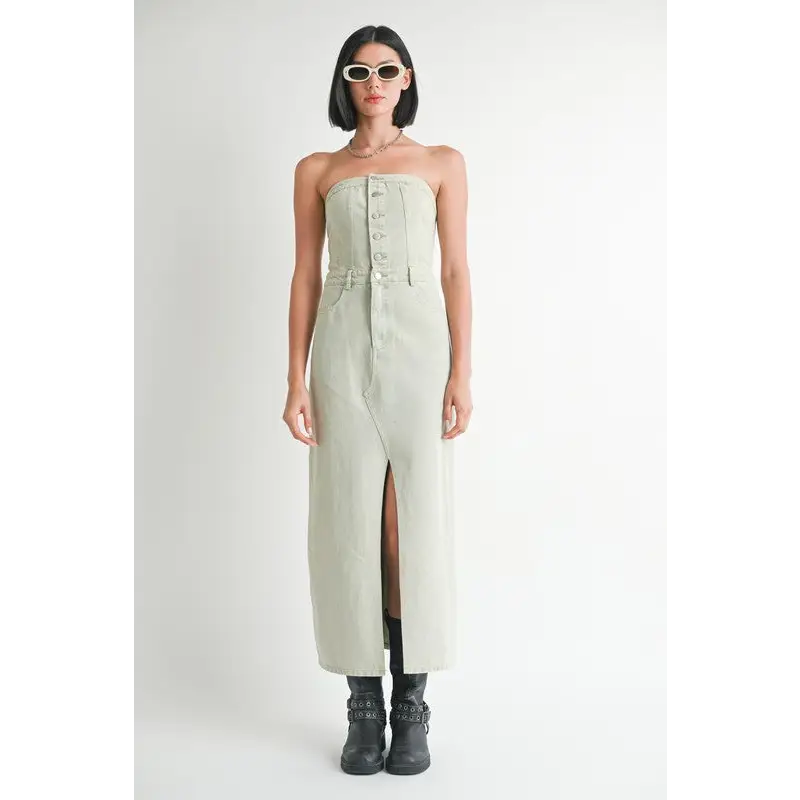Button Up Tube Denim Dress With Slit.