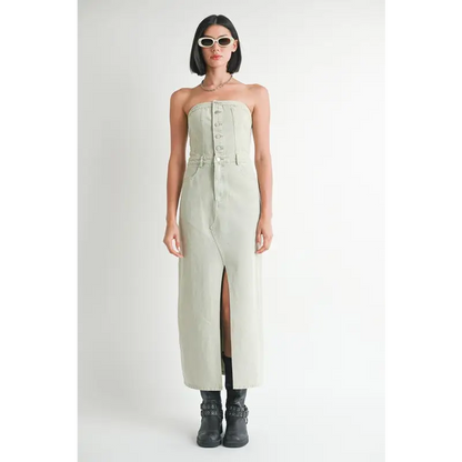Button Up Tube Denim Dress With Slit.