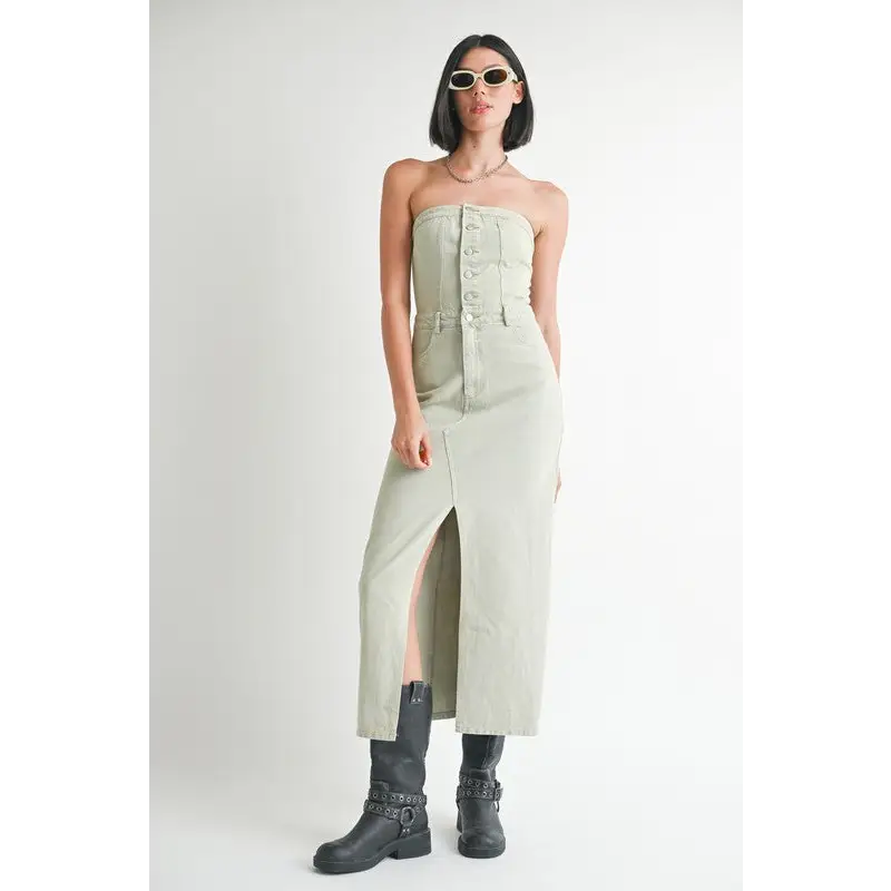 Button Up Tube Denim Dress With Slit.