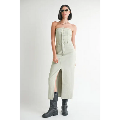 Button Up Tube Denim Dress With Slit.