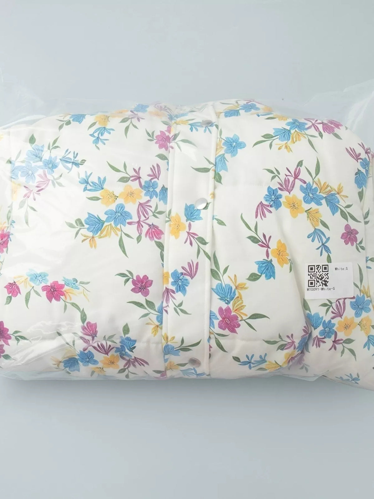 Floral print puffer jacket with stand collar