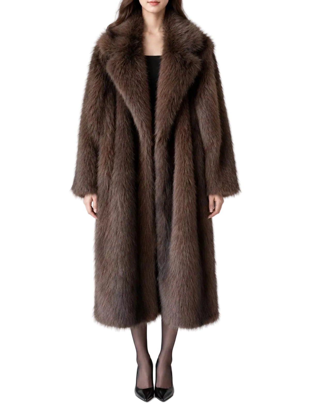 A model wearing a long, luxurious brown fur coat with a wide collar, styled over a black top and black tights with black pointed-toe heels, set against a plain white studio background.