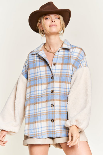 Multi Plaid Fuzzy Sleeve Jacket