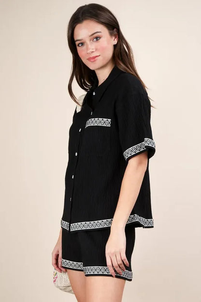 Crinkled Woven Shirt Top & Shorts Set.