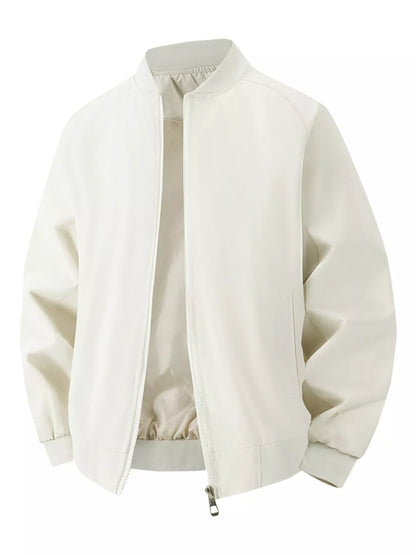 An off-white or cream-colored lightweight bomber jacket with a zip-up front, ribbed collar, cuffs, and hem, shown on a plain white background.