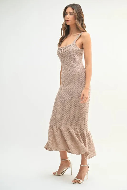 Ruffled Hem Sleeveless Crochet Knit Midi Dress.