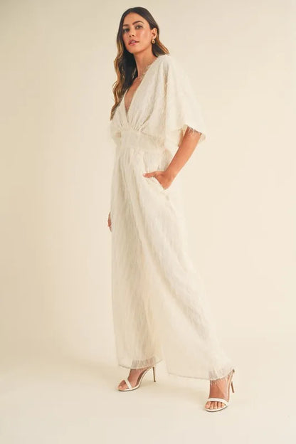Fluffy Deep V Neck Wide Leg Jumpsuit.