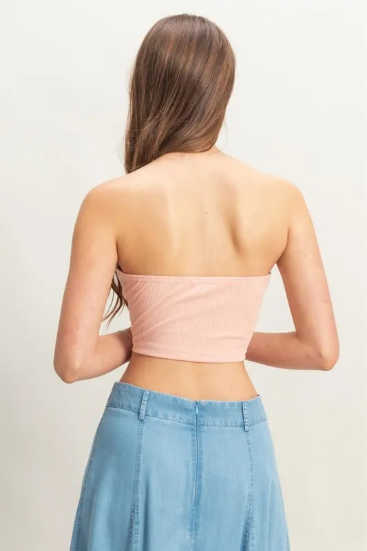 Buttoned Front Strapless Knit Bustier Top.