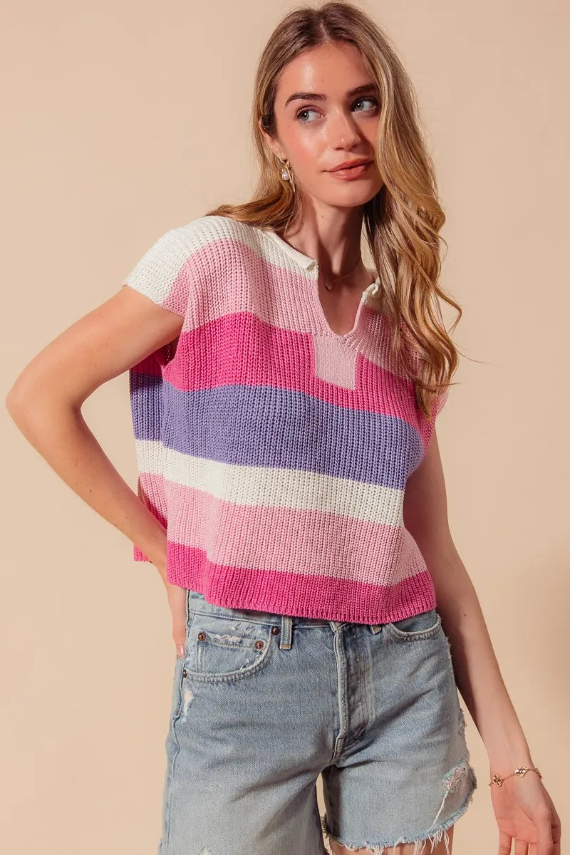 Multi Color Stripe Loose Fit Cap Sleeve Sweater Top.