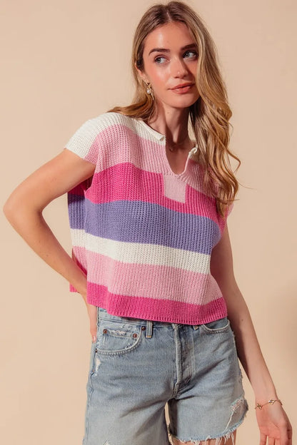 Multi Color Stripe Loose Fit Cap Sleeve Sweater Top.