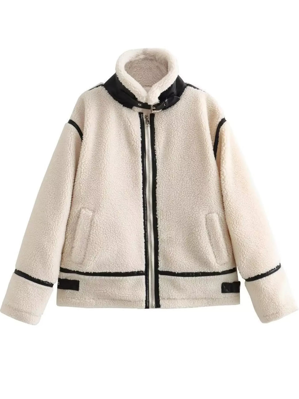 Women's cream sherpa zip jacket product view with black trim | KRIFFA