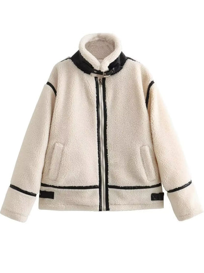 Women's cream sherpa zip jacket product view with black trim | KRIFFA