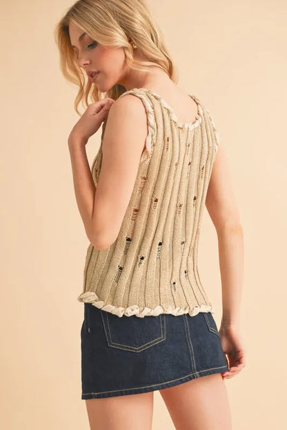 Distressed Detail Round Neck Knit Tank.